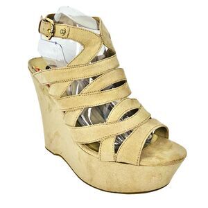 G‎ by Guess Hampton Faux Suede Platform Wedge Sandal Size 9.5 Beige Light Tan